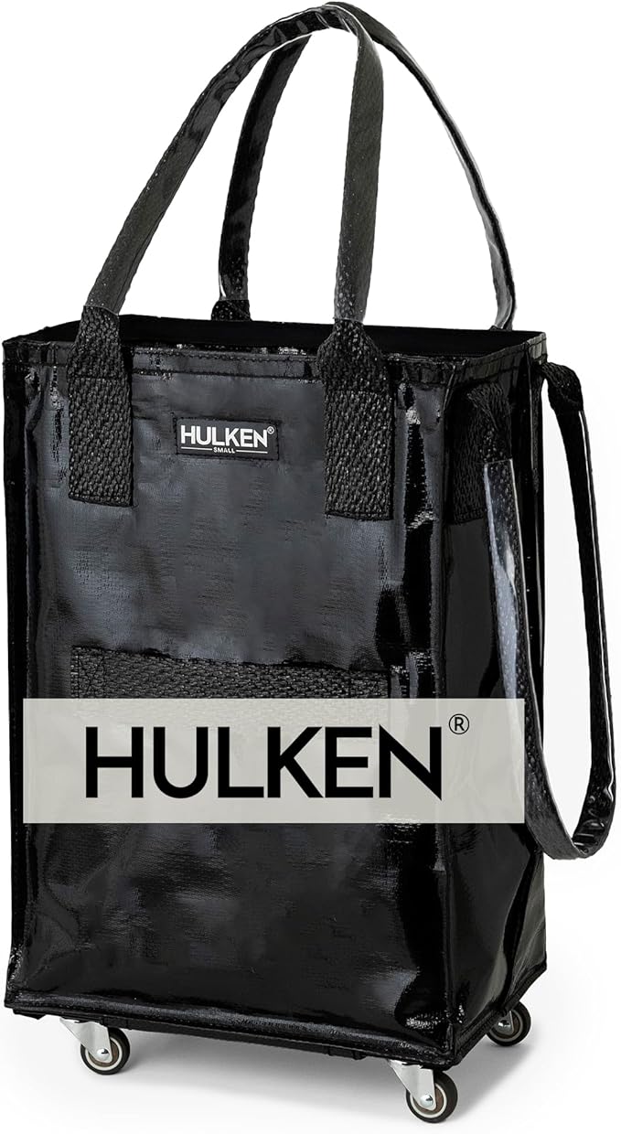 HULKEN (Small, Black) Reusable Grocery Bag On Wheels, Shopping Trolley, Rolling Tote, Zipper Closure, Lightweight, Carries Up to 66 lb, Folds Flat