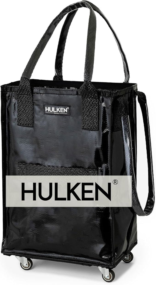 HULKEN (Small, Black) Reusable Grocery Bag On Wheels, Shopping Trolley, Rolling Tote, Zipper Closure, Lightweight, Carries Up to 66 lb, Folds Flat