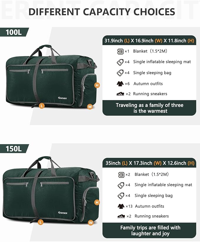 Gonex Large Foldable Travel Duffle Bag with Shoes Compartment, Packable Lightweight Water Repellent Duffel Bag for Camping Gym Weekender Bag