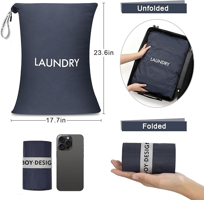 WiseBoy 2 Pack Travel Laundry Bags for Dirty Clothes, Water-Resistant Nylon Wet Dry Bag with Zipper, Odor-Proof Washable Pouch for Gym, Swimming, College Dorm & Suitcase Organization