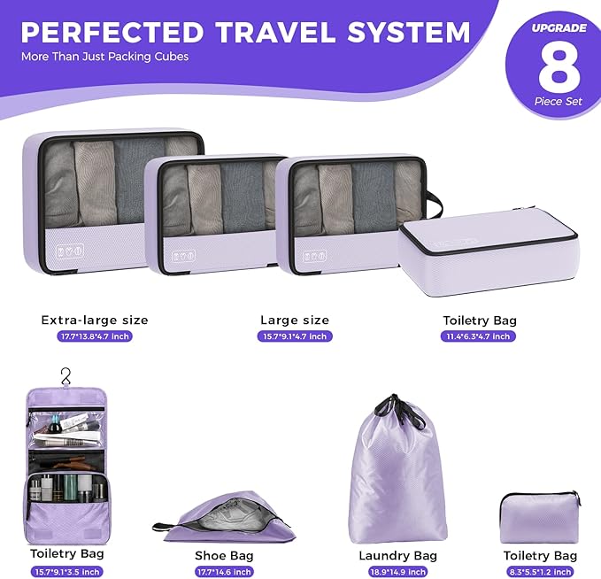 8-Piece Compression Packing Cubes for Travel, Elegant Ultralight Luggage Organizer Set for Women, Space Saving for Carry-On, Suitcase & Vacation Cruise Travel - Purple