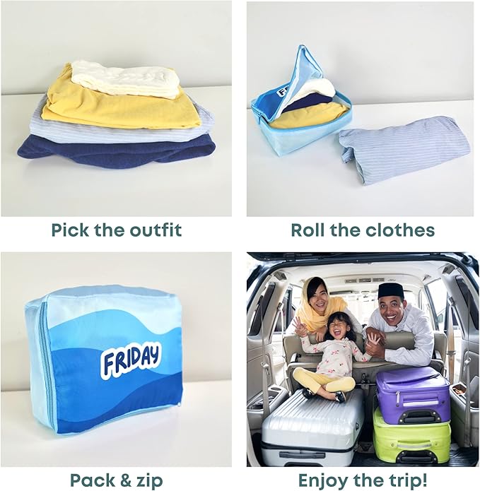 Packing Cubes for Kids & Baby Days of the Week 7 Set Daily Outfit Suitcase Organizers for Boys and Girls Summer Camp, Cruise, and Family Vacation (Small)