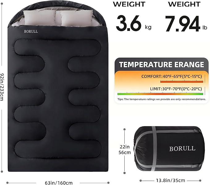 Double Sleeping Bags for Adults with Pillows Queen Size XL Camping Waterproof Sleeping Bag with Compression Sack for Kids for Hiking Backpacking 2 Person Cold Warm Weather Outdoor Indoor