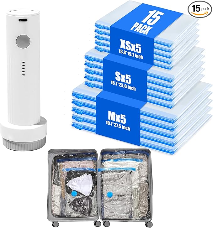 Vacuum Storage Bags for Travel: 15 Pack Compression Packing for Clothes with Rechargeable Air Pump Carry-on Size Vacuum Seal Bags Luggage＆ Suitcase Space Saver Organizer for Clothing