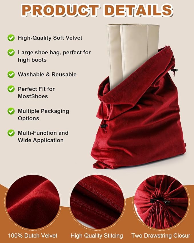 4 Pcs Shoe Bags for Travel, 21.2"x13.3" Large Boot Bags for Cowboy Boots, Washable Velvet Dust Bag with Drawstring for Dress Shoes, Handbags and Clothing, Suitable for Travel and Home Storage