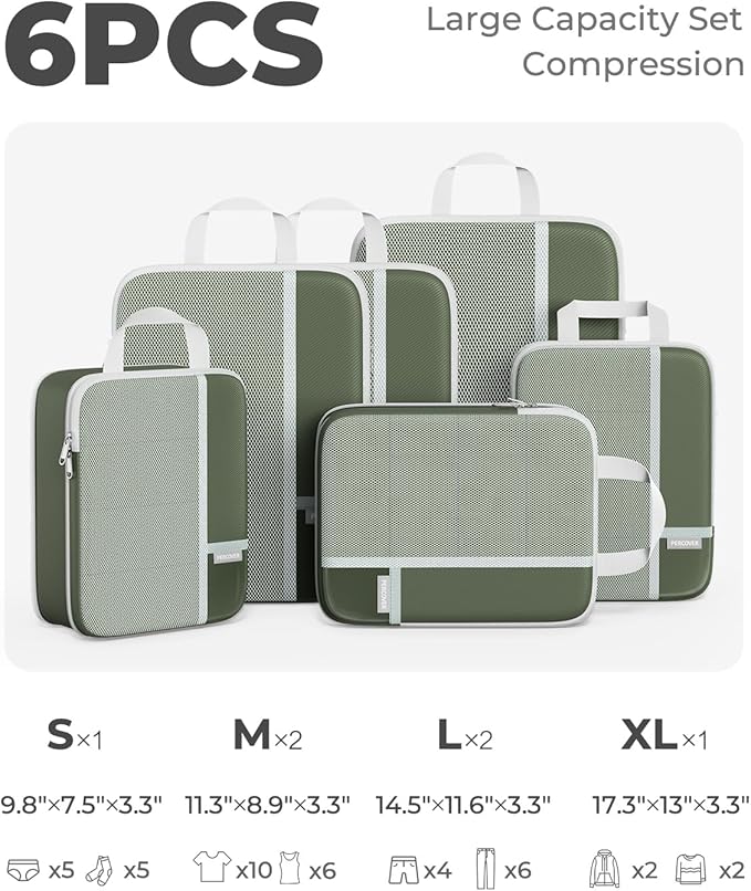 Percover Compression Packing Cubes for Travel, 6-Piece Structured Compression Organizer Set for Organized Packing & Carry-On Luggage, Green