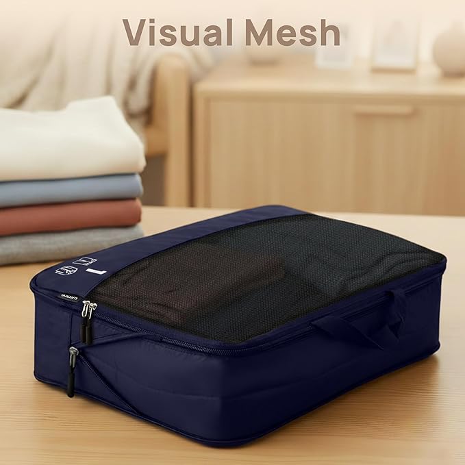 7 Set Compression Packing Cubes for Travel, Luggage Organizer Bags for Suitcases with Mesh Panels, Shoe Bag & Toiletry Bag for Carry On, Vacation & Cruise Essentials (Navy Blue)