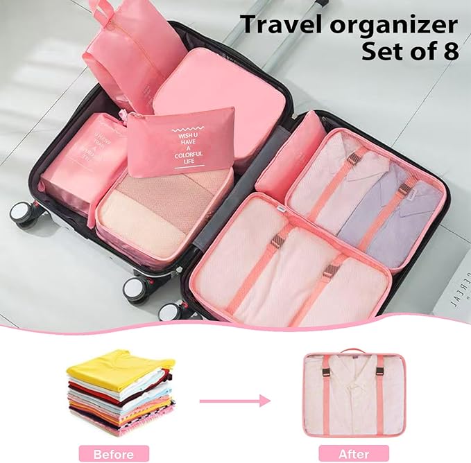 8 Set Packing Cubes for Suitcases, INVODA Travel Luggage Packing Organizers with Laundry Bag, Compression Storage Shoe Bag, Clothing Underwear Bag (Pink)