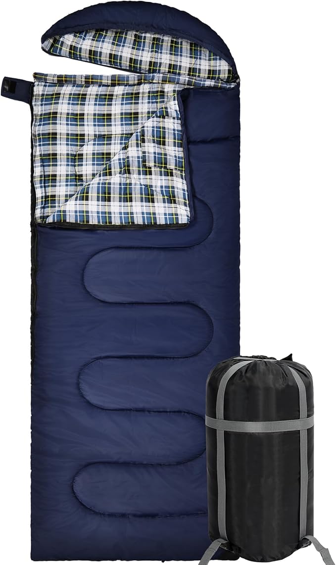 REDCAMP Flannel Sleeping Bag for Adults, Comfortable Cotton Envelope Sleeping Bags for Camping, Backpacking, Hiking, with Detachable Hood&Compression Sack, Blue/Red/Grey/Black