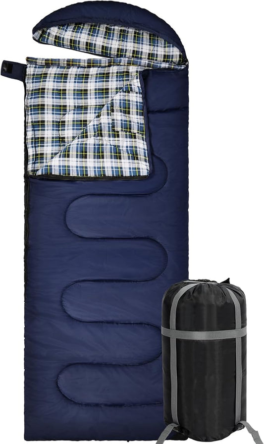 REDCAMP Flannel Sleeping Bag for Adults, Comfortable Cotton Envelope Sleeping Bags for Camping, Backpacking, Hiking, with Detachable Hood&Compression Sack, Blue/Red/Grey/Black