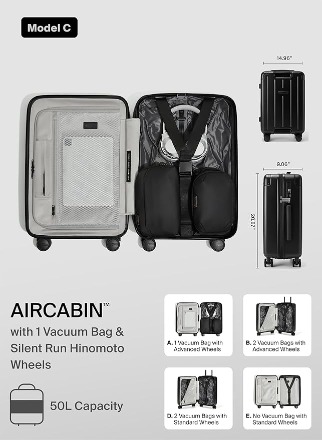 BlackVoyage Air Vacuum Seal Suitcase Carry-On 20-Inch Travel Luggage USB Port 20" AirCabin Air Compression Pump (Matte Black, 50L Capacity (1 Vacuum Bag))