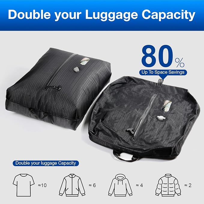 Travel Vacuum Bags with Pump–Electric Wireless Air Pump, Carry-on Size Vacuum bags for Travel, Double Layer for Luggage with IP67 Waterproof (1PC+Pump)