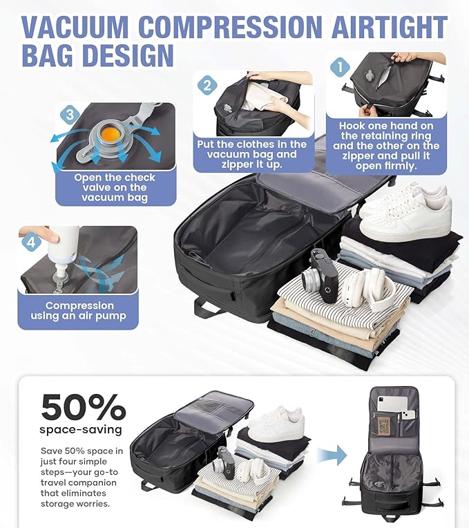 Vacuum Backpack Travel with Pump,Large Travel Backpack Vacuum System,mochila de viaje Compresion Waterproof Carry on Personal item Laptop Vacpack Backpacks Bag Men Women Airline Flight Approved Black