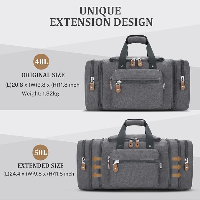 Gonex Canvas Duffle Bag for Travel 50L Expandable Duffel Weekend Overnight Bag men (Gray)