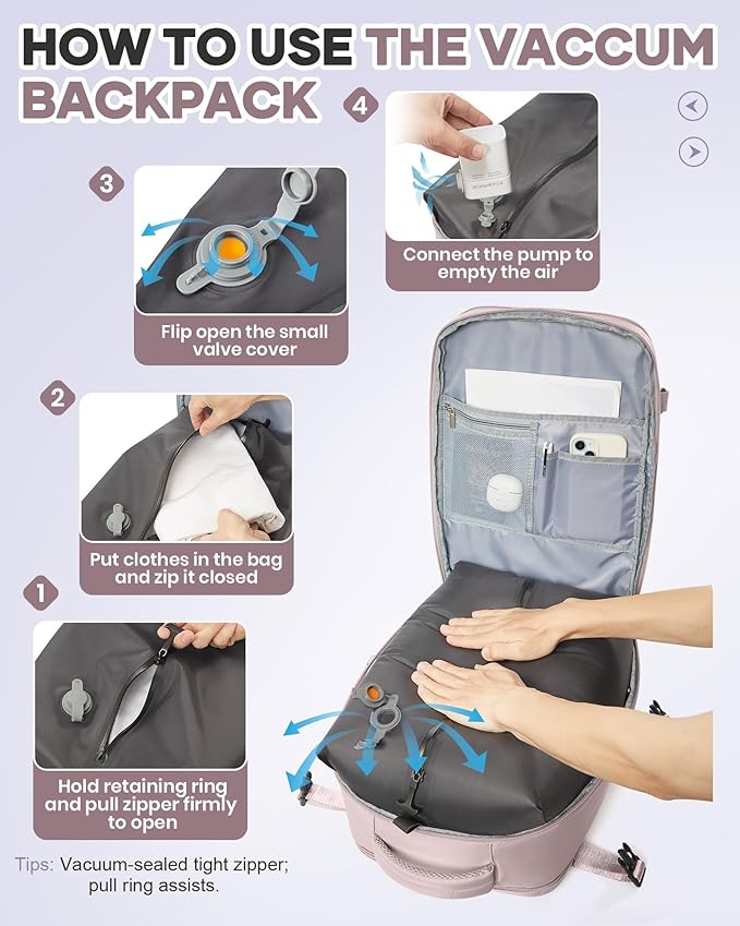 WONHOX Vacuum Seal Travel Backpack with Air Pump,Compression Vacpack Waterproof Carry On Backpack for Travel Women Men with Vacuum System,Airlines Approved Daypack Laptop Space Saver Bags,PinkPurple