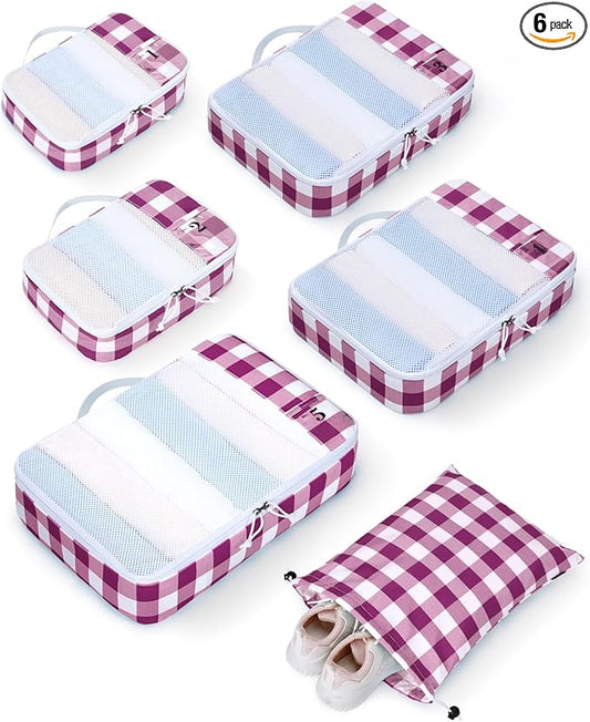 ECOHUB 6 Set Packing Cubes for Travel Durable Suitcase Organizer Bags Set with Personalized Tag Travel Essentials with Shoe Bag Traveling Accessories for Luggage Machine Washable,Wine Red