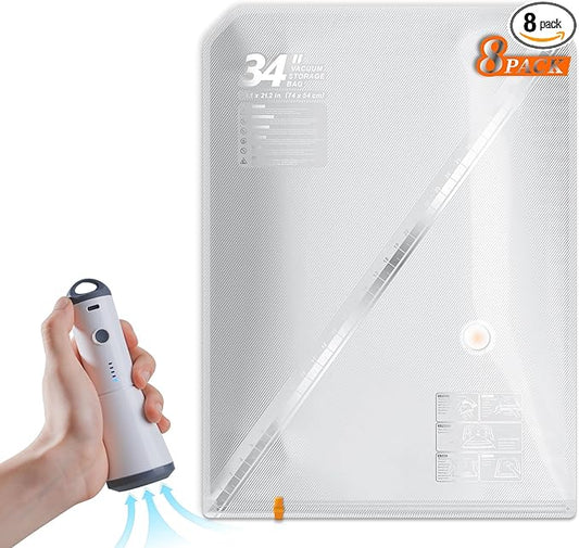 Vacbird Travel Vacuum Seal Bags, 8 Pack 34" Vacuum Storage Bags with Rechargeable Cordless Pump Compression Packing for Clothing Clothes Blanket Bedding, Space Saver for Suitcase Luggage