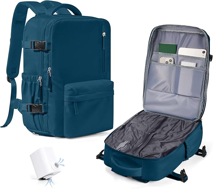 Vacuum Seal Backpack for Travel with Air Pump Compression Daypack Personal Item Carry on Flight Approved Vacpack Laptop Space Saver Bags Storage with Vacuum System Travel Bag Women Men PeacockBlue