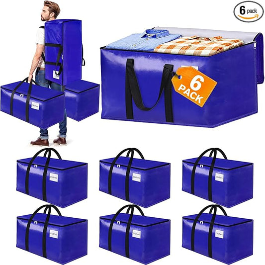 FabSpace 6-Pack Moving Bags with Backpack Straps & Carry Handles, 25 Gallons-93 L Heavy Duty Storage Totes for Space Saving, Foldable Storage Bags for College Dorm, Travel, Camping (Blue)