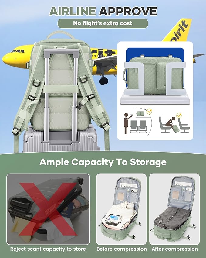 Travel Vacuum Storage Backpack with Air Pump Vacuum Seal Compression Space Saver Bags Clothing Vacpack 18x14x8 inches Travel Bag Carry on Personal item Laptop Work Backpacks Women LightGreen