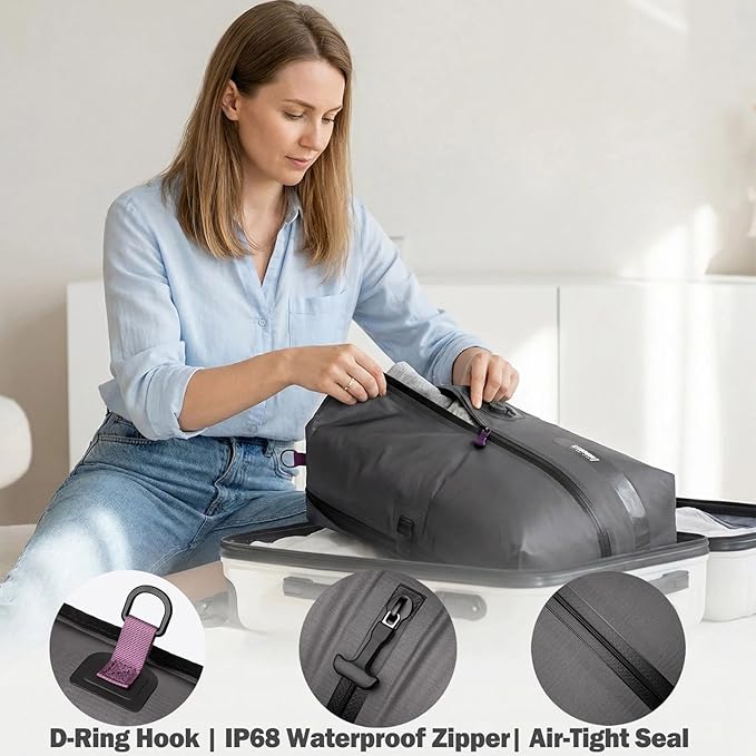 Vacuum Bags with Wireless Pump, Reusable Compression Space Saver for Travel, Visual Window, Sealed and Dust-Free, IP68 Waterproof Packing Cubes for Carry on Suitcases and Backpacks (Black 25L 1PC)