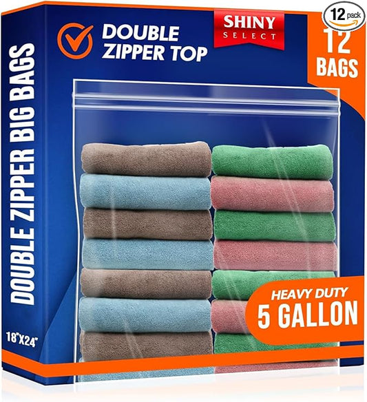 [ 12 COUNT ] 5 Gallon Double Zipper Jumbo Bags, 18x24 inches,12 Count Heavy Duty Storage Bag for Clothing, Bedding, Shoes, Pillows, Pet Supplies, Crafts, Books, Magazines, Toys