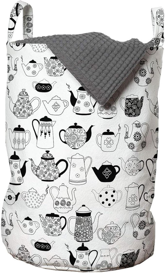 Ambesonne Tea Party Laundry Bag, Floral Patterned Cups with Different Designs Monochrome Timeless Kitchenware, Hamper Basket with Handles Drawstring Closure for Laundromats, 13" x 19", White Black