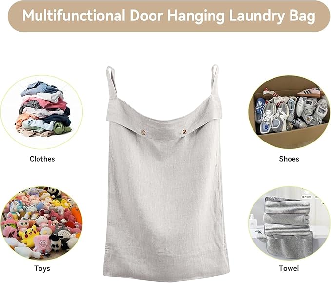 100% Linen Hanging Laundry Hamper Bag 20x27 Inch, Over the Door with 2 Buttons and Bottom Zipper Saving Space Wall Back organizers For Dirty Clothes Dorm Travel College Camp Sock Large Capacity,Linen