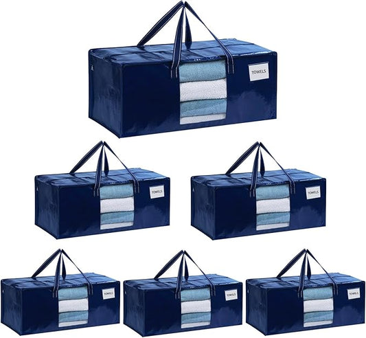 VENO 6 Pack Heavy Duty Moving Bags, Packing Bags with Clear Window, Alternative to Moving Boxes, Storage Bins for Clothes, Blankets, Comforters, College Dorm Essentials (Blue, 6 Pack)