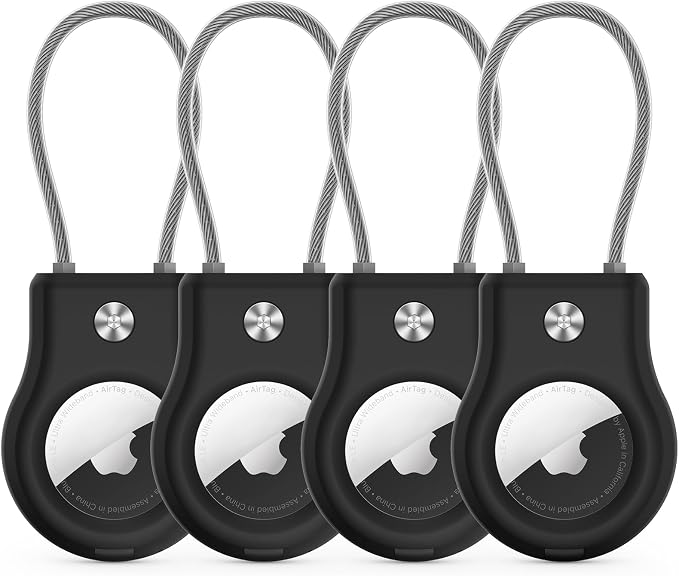 Air Tag Holder - (4 Pack) Air tag Lock Keychain with Wire Cable Compatible with Apple AirTag,Ultra Durable Anti-Lost Protective Case with Keyring for Luggage, Key, Backpack, Pet, Bag, Black by motande