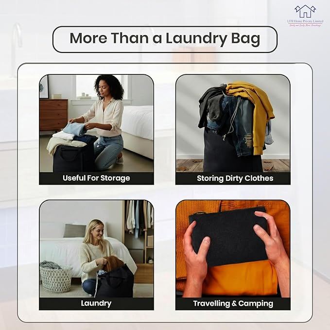 LFH Home Large Premium Cotton Canvas Laundry Bag with Drawstring and Handles Heavy Duty, Multi-Use, and Washable for Home, Travel, College or Storage 24x36 (Pack of 6)-Black
