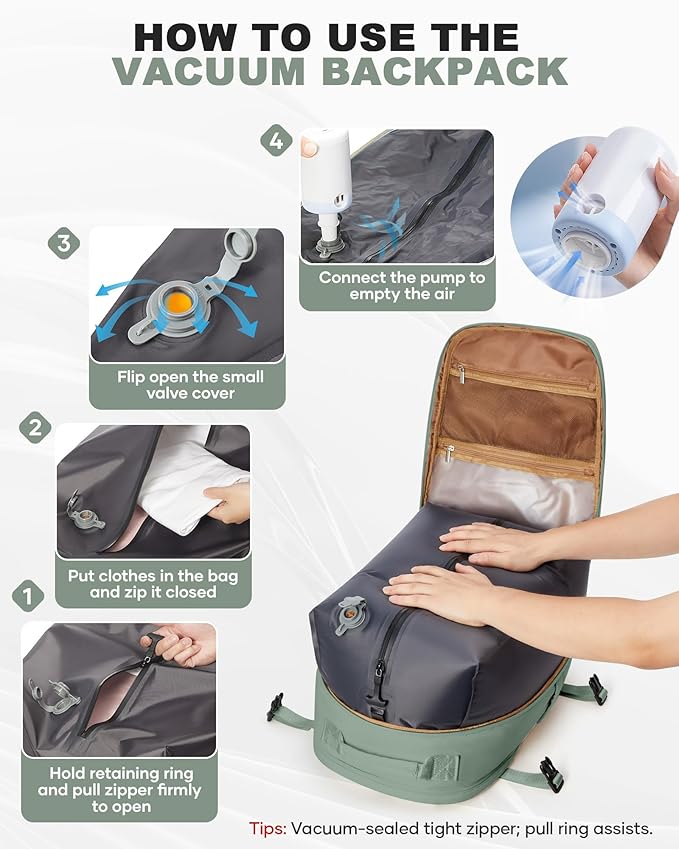 coofay Vacuum Backpack Travel with Pump Vacpack Backpack with Vacuum System Travel Compression Backpacks for Women Mochila De Viaje Carry on Luggage