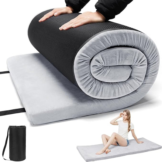 Foam Camping Mattress - Portable Sleeping Pad for Camping, Tent, Car & Floor - Washable Cover & Roll Up Travel Bag - Cot Mattress for Travel & Guests