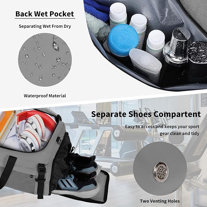 Extra Large Sports Gym Bag, Travel Duffel bag with Wet Pocket & Shoes Compartment for men women, 85L, Lightweight （Light Gray）