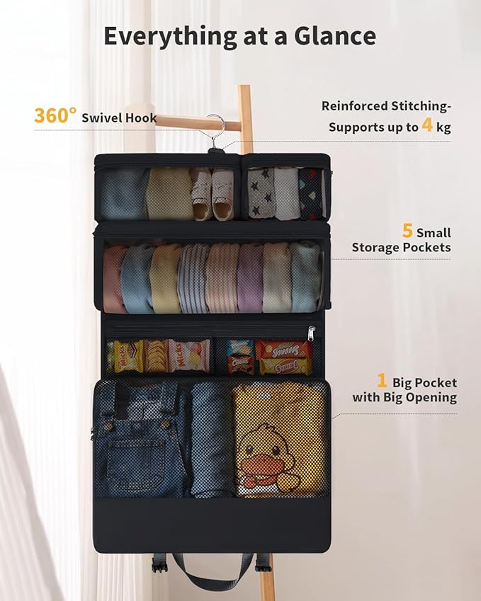 ECOHUB 8-in-1 Hanging Packing Cubes, Foldable Travel Storage Bag, Travel Organizer Expandable Packing Cube for Suitcase or Luggage (Black)