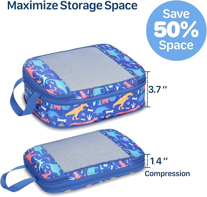 Kids Compression Packing Cubes, 4 Piece Set for Carry On Suitcase, Water Resistant Travel Luggage Organizers with Shoe Bag, Toddler Backpack Essentials (Blue Dinosaur)