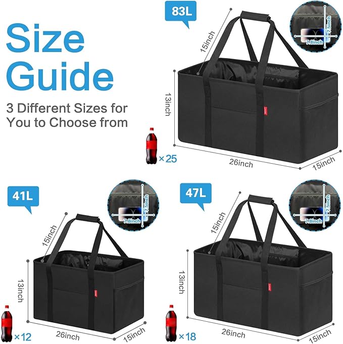 LHZK 2 Pack Extra Large Utility Tote Bag with Metal Wire Frame and the Sides Rinforced, Extra Large Tote Bag with Handle, Reusable Grocery Bags Foldable, Beach Bag, Car Tote (Black, 26''x15''x13'')