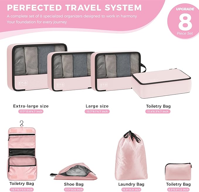 8-Piece Compression Packing Cubes for Travel, Stylish Luggage Organizer Set for Women, Space Saving Travel Essentials, Perfect for Vacation Cruise, Weekend Getaways & Carry-On Packing - Light Pink