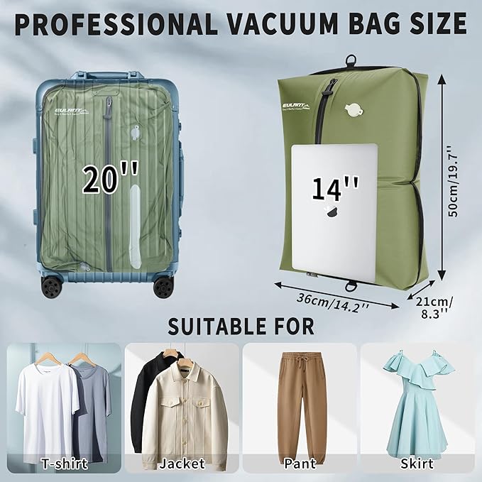 Reusable Vacuum Bags for Travel With Pump,Professional Waterproof IPX8 Zipper Vacuum Compression Bag for Suitcases Backpack,Space Saver Bags Packing Organizers for Clothing Packing(3 Pack,Green)