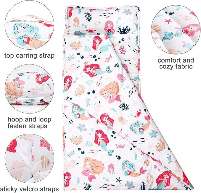 PHF Mermaid Toddler Nap Mat Set, with Removable Pillow for Toddler Girls, Soft and Lightweight for Daycare, Preschool, Travel, Kindergarten Sleeping Bag, Fits Ages 3-6 Years, Mermaid