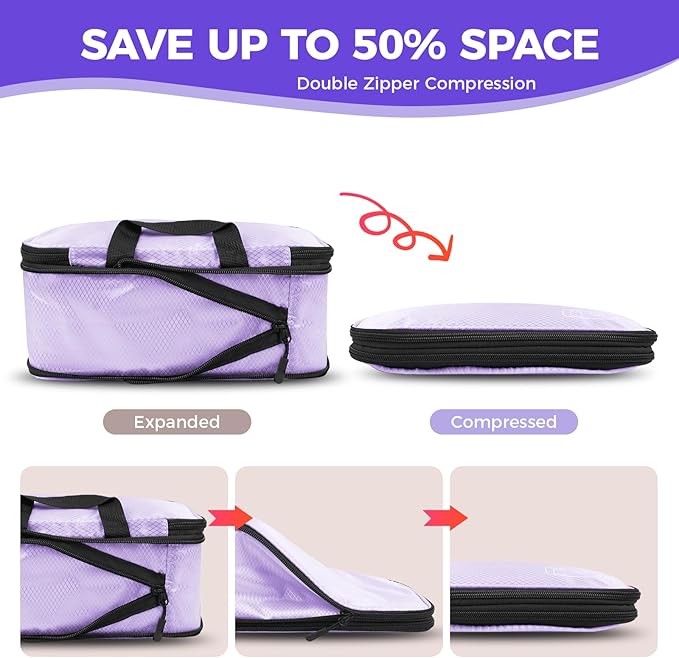8-Piece Compression Packing Cubes for Travel, Elegant Ultralight Luggage Organizer Set for Women, Space Saving for Carry-On, Suitcase & Vacation Cruise Travel - Purple