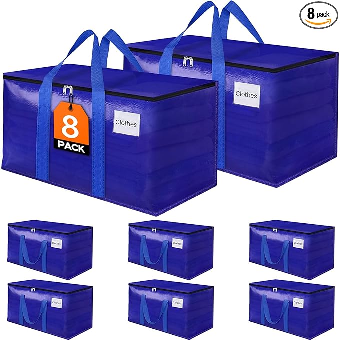 FabSpace 8 Pack Moving Storage Bags Heavy-Duty with Zippers and Reinforced Handles, Moving Supplies Packing Boxes for Moving, Storing, Saving Space, Blue Plastic Storage Totes 93 L(24 Gallon)