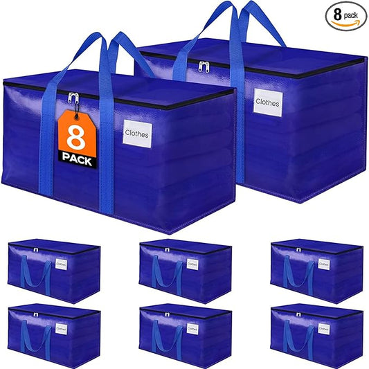 FabSpace 8 Pack Moving Storage Bags Heavy-Duty with Zippers and Reinforced Handles, Moving Supplies Packing Boxes for Moving, Storing, Saving Space, Blue Plastic Storage Totes 93 L(24 Gallon)