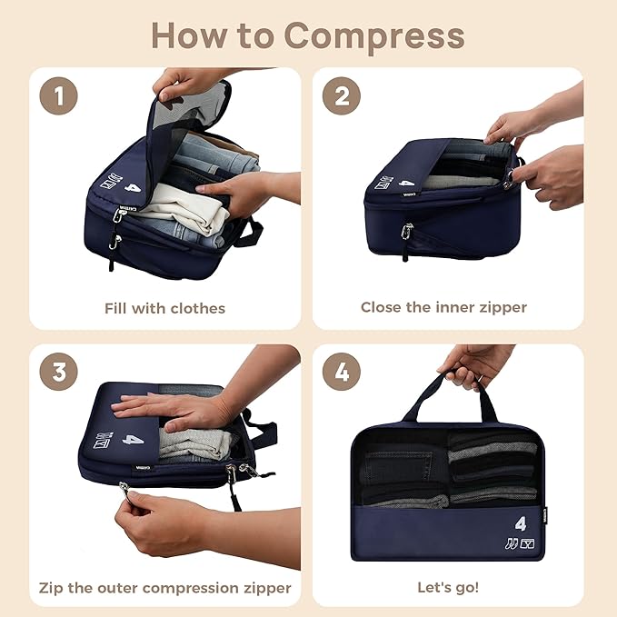 7 Set Compression Packing Cubes for Travel, Luggage Organizer Bags for Suitcases with Mesh Panels, Shoe Bag & Toiletry Bag for Carry On, Vacation & Cruise Essentials (Navy Blue)