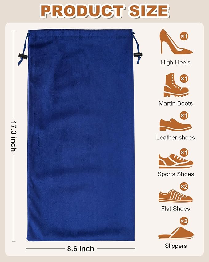 2 Pcs Single Shoe Bags for Travel, 17.3"x8.6" Washable Travel Shoe Bags for Packing in Suitcase, Velvet Dust Bag with Drawstring, Shoe Pouch for Women and Men, Travel and Home Storage(Palace Blue)