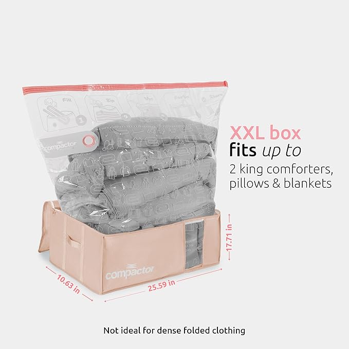Compactor 3 Pack Vacuum Storage Bag with Semi-Rigid Box, Closet Organizer, Vacuum Seal Bags for Clothing and Bedding, Fits All Vacuum and Nozzle Types, 210L, Pink, XXL