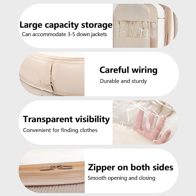 Space Saving Hanging Garment Bag with Self Compression Zipper，Dust Cover Clothes Bags for Down Coat,Dress,Suit，Closet Storage Organizer for Home Travel Use(Pink, L)