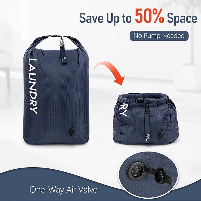 WiseBoy Compression Laundry Bag 2 Pack, Pump-Free Travel Laundry Bag for Dirty Clothes, Waterproof Wet Dry Bag, Space Saving Packing Organizer for Suitcase, Gym & Swim (Navy Blue & Orange)