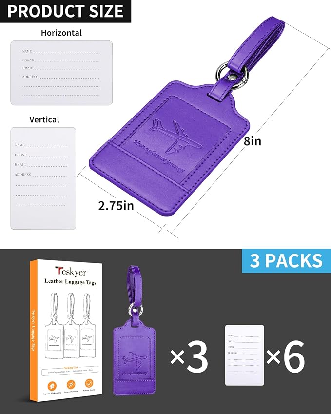 Teskyer Leather Luggage Tags for Suitcases, 3 Pack, Purple - Image 7