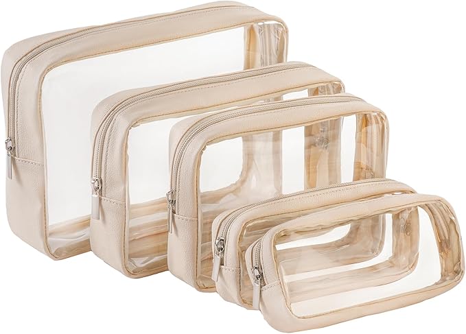 Remobia Hicol TSA Approved 5-Piece Diaper Bag Organizer Pouch Set Clear Waterproof TPU Kids Toiletry Storage Set Travel Packing Clutch Cube Bags for Baby Nursing(Cream leather)